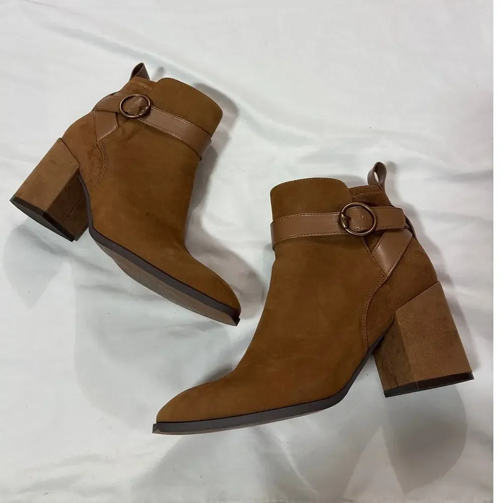 Vionic Womens 8 Tenley Boots Toffee Suede Square Toe Block Heels Party Cocktail